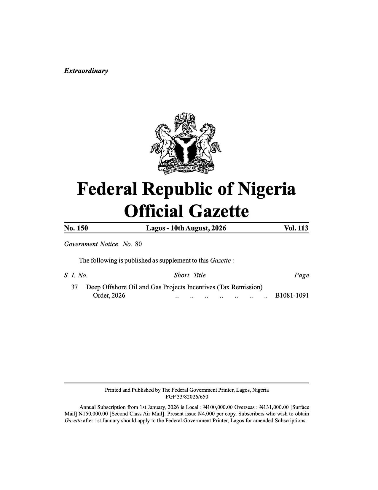A screenshot of the Deep Offshore Order 2026 document