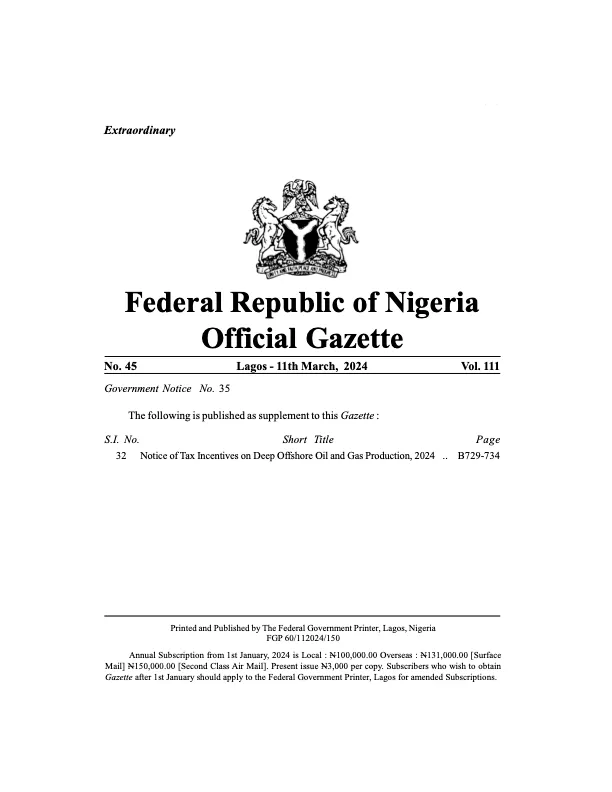 A screenshot of the Notice of Deep Offshore Incentives document