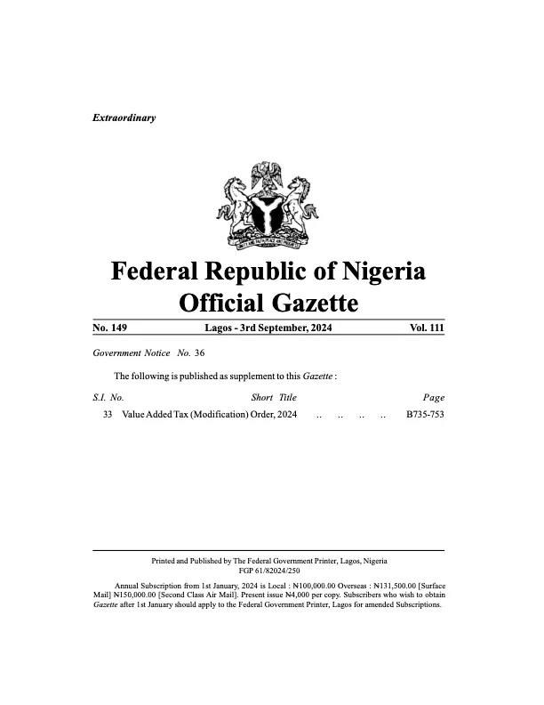 A screenshot of the VAT Modification Order 2024 document
