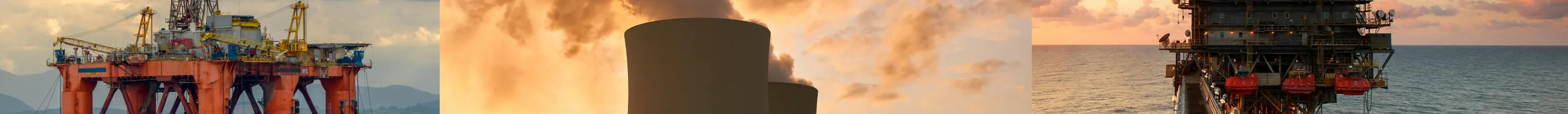 A triptych of energy industry scenes: an offshore oil rig with towering cranes, an industrial power plant emitting steam, and another offshore drilling platform against a sunset-lit ocean backdrop. The image represents various aspects of the oil, gas, and energy sectors.