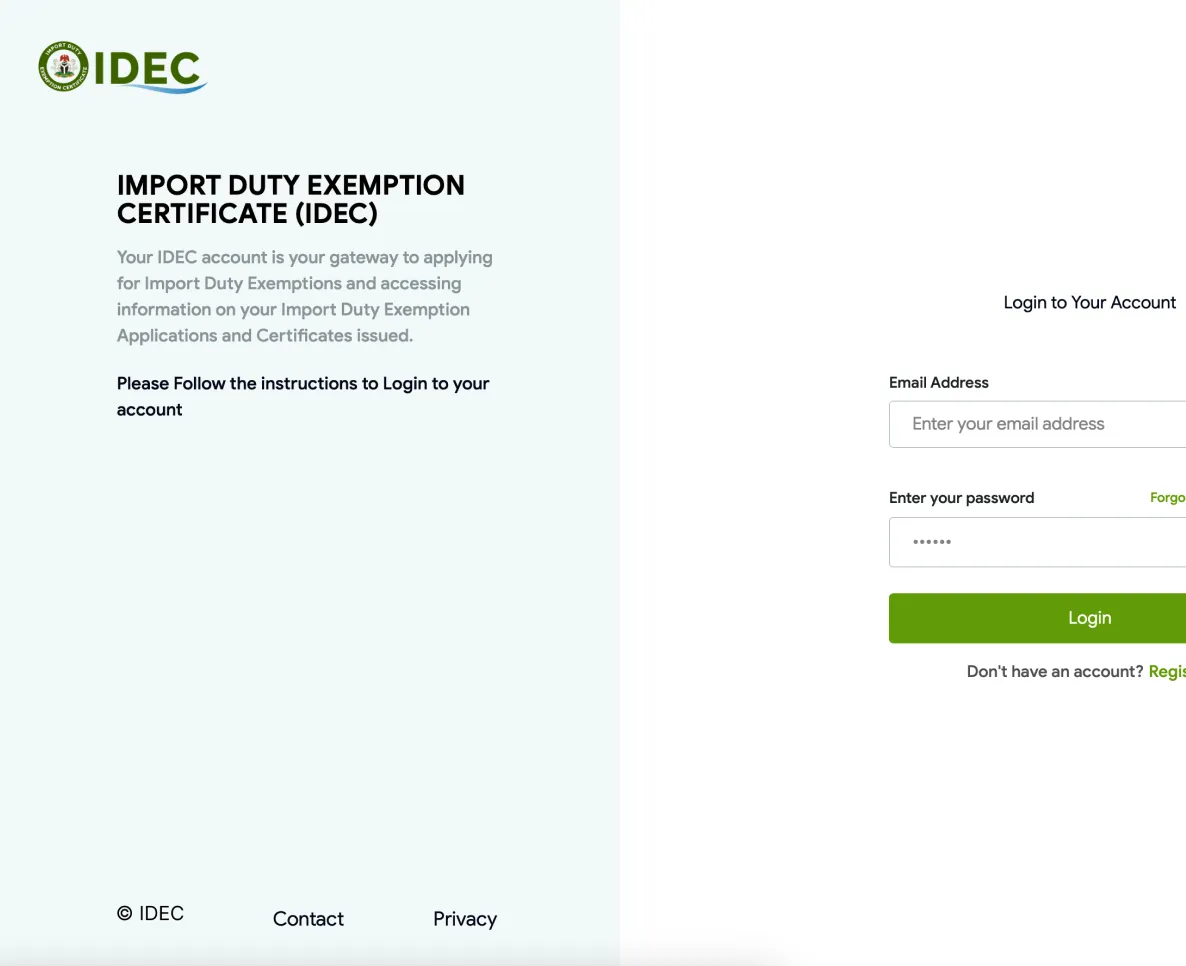 A screenshot of the IDEC portal